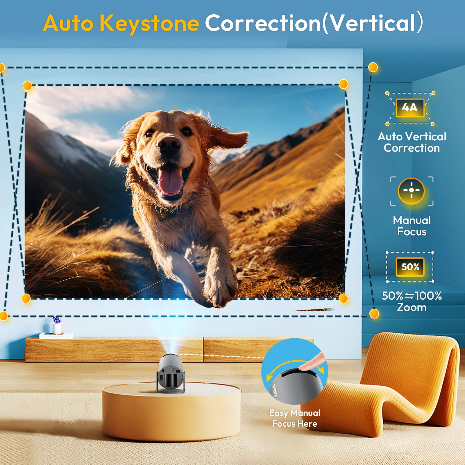 XGODY Proiettore 4K 260 ANSI Mini proiettori portatili a tiro corto Proiettore Android nativo 720P Dual Wifi6 BT5.4 Home Theater