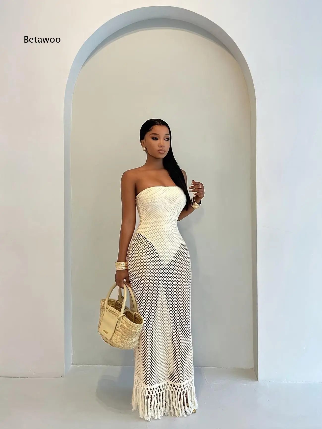 Strapless Mesh Two Piece Outfit For Women See Through Tassel Hem Long Cover Up Dress Set For Pool Party And Vacation