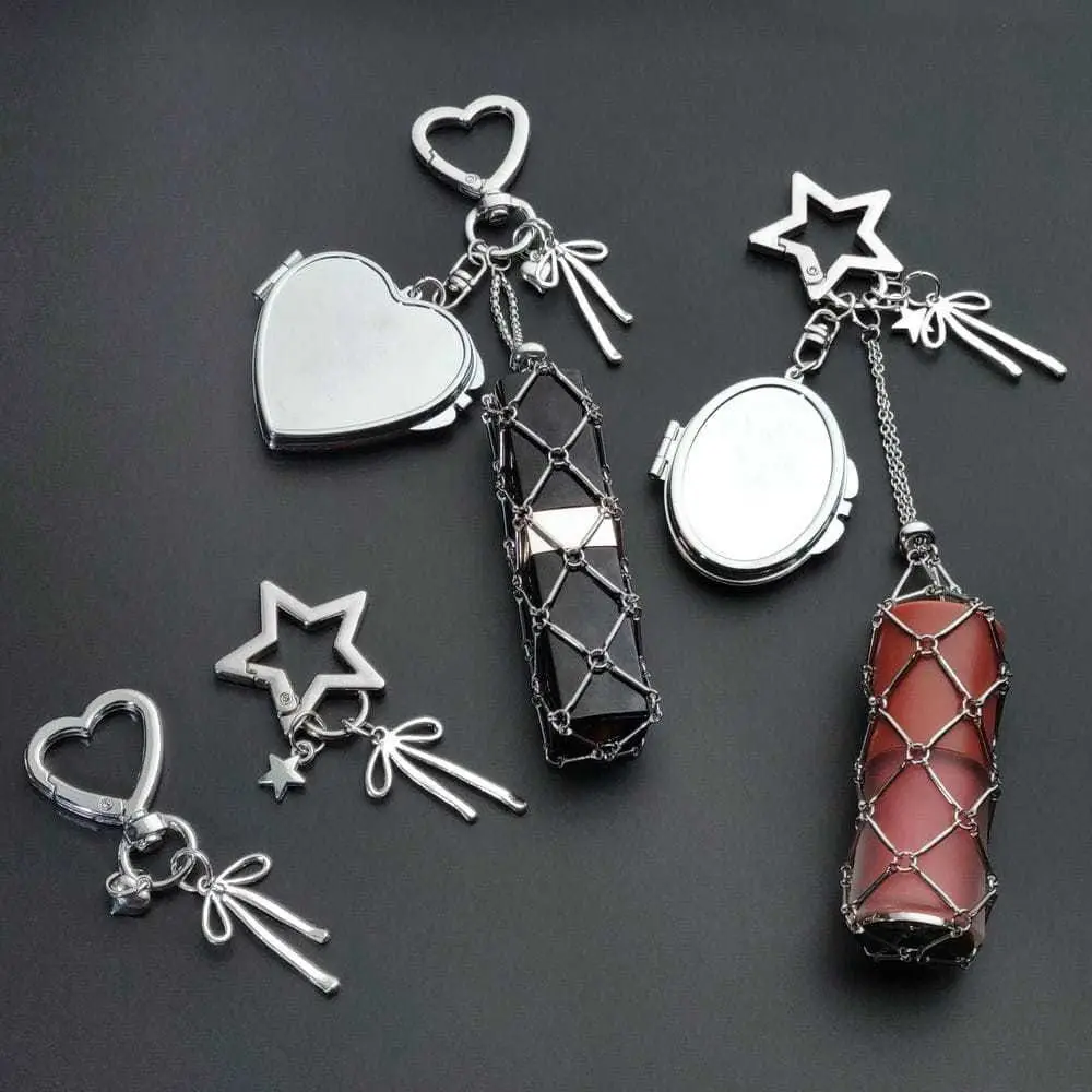 Stainless Steel Metal Net Pocket Lipstick Bag Keychain Charm Bag Accessories Silver Color Lip Balm Keychain Interchangeable Y2K