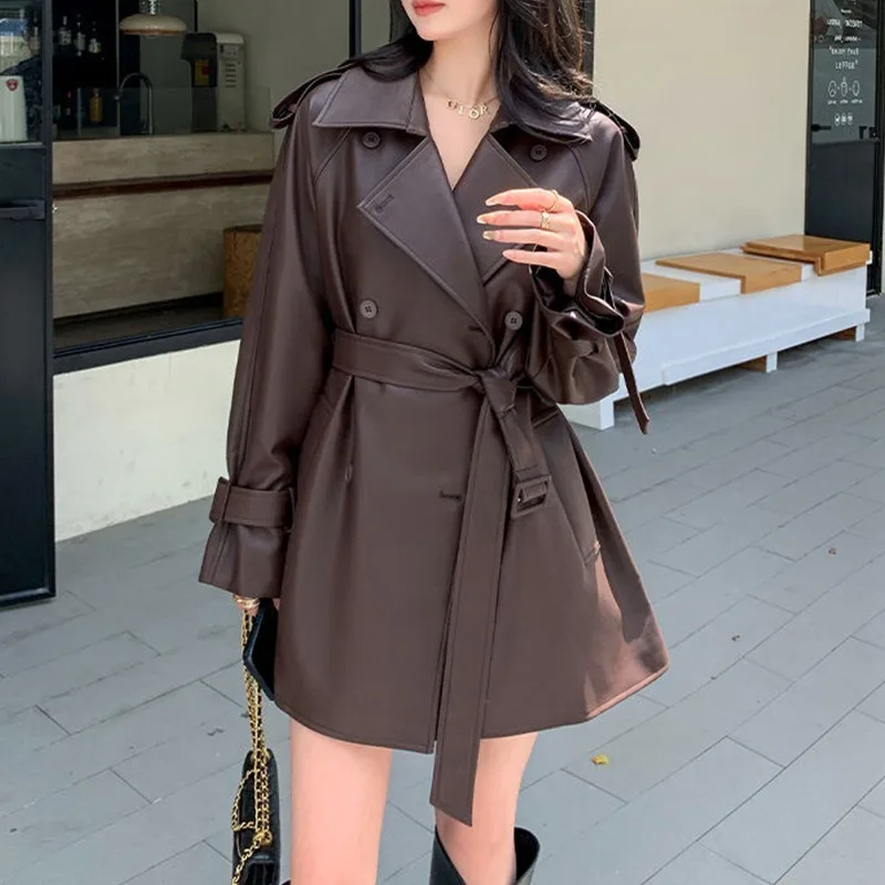 Veste en cuir marron pour femmes, nouvelle mode, Double boutonnage avec ceinture, revers, poignets réglables, vestes de loisirs, manteau en PU pour femmes, 2025
