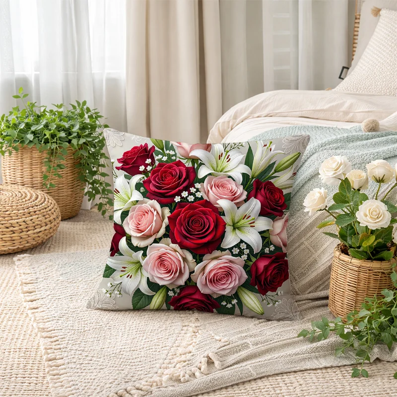 Pcs Floral Throw Pillow CoversDecorative Cushion Cases Rose And Lily Bouquet Pattern Design Multicolor ToneVersatile For Living