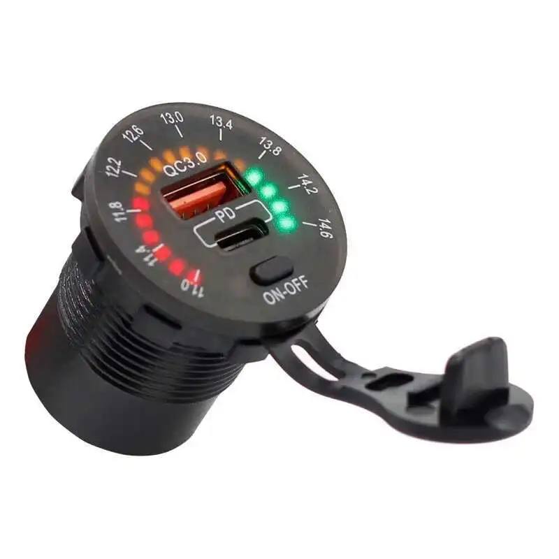 

12V-24V Car Charger Type-C QC3.0 Dual USB Socket With ON/OFF Switch Control And Ring LED Voltmeter Cable For Motorcycle Marine