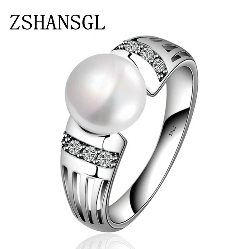 New Collection stamp Silver color filled Rings Big CZ & FreshWater Pearl Rings for Women Wedding Valentine's Day Jewelry Gift