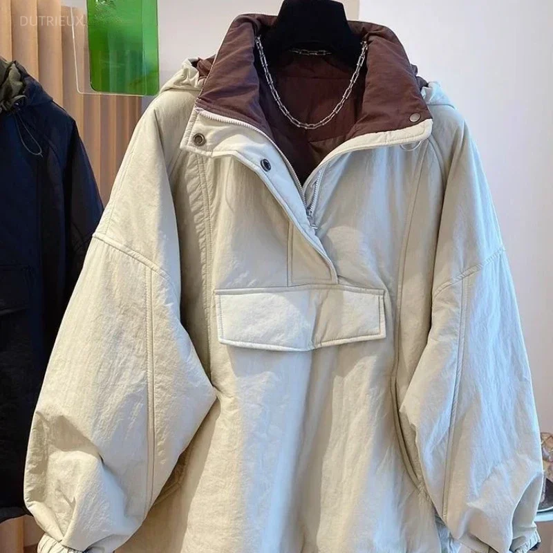 Black Loose Zipper Hoodie Pullover Parkas Simple Fashion Thicked Warm Winter Jackets Y2k Long Sleeve Coat Women