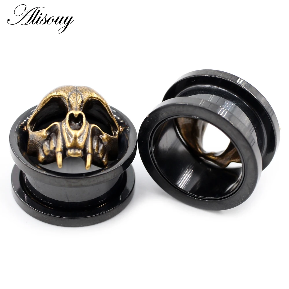 Alisouy 2PCS Black Stainless Steel Skull Skeleton Ear Plugs Tunnels Expander Stretchers Gauges Earrings Piercing Body Jewelry