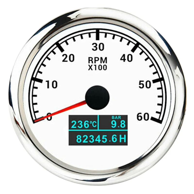 

85Mm 3 In1 Marine Multi-Function Tachometer 0-6000 RPM Tachometer with Water Temperature and Oil Pressure White