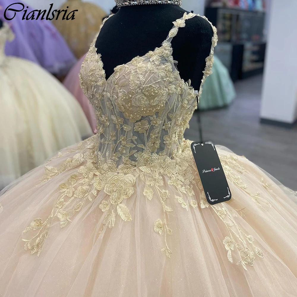 Vestido De baile De quinceañera con perlas De ilusión champán, vestido De quinceañera con tirantes finos, apliques florales, corsé De encaje, 15 Años