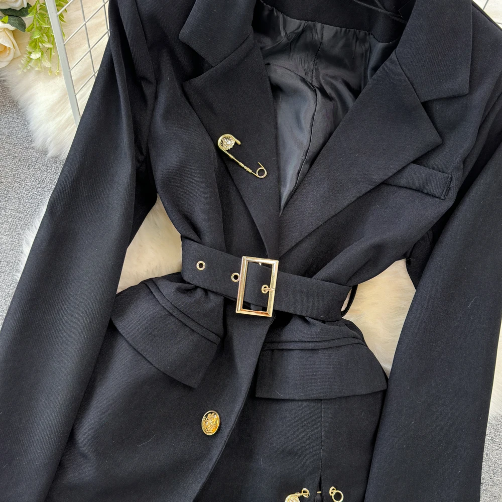 Fashion Two Piece Shorts Set Vintage Streetwear Mid length Jacket Wrapped Suit Coat High Waist Slim Wide Leg Shorts