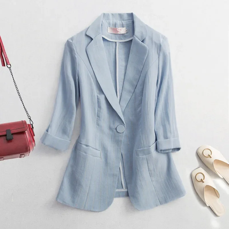 Women's Light Blue Linen Blend 3/4 Sleeve One Button Blazer with Pockets