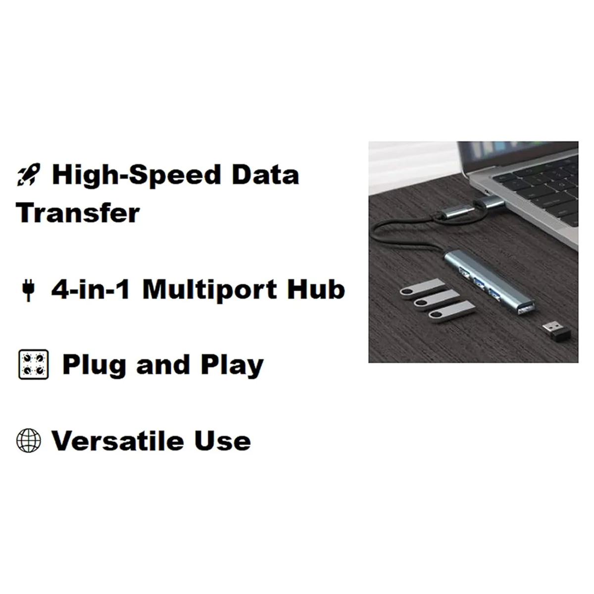 4 in 1 USB 3.0 Hub Type C to USB 3.0x1 + USB 2.0x3 Lightweight - 5Gbps Data Transfer for Windows for Notebooks,