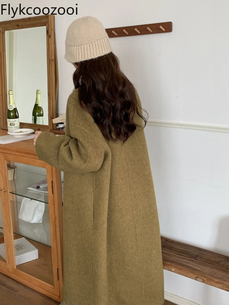 Fashion Brown Green Double Breasted Jackets Women's New Autumn and Winter Retro Medium Long Senior Feeling Woolen Coat