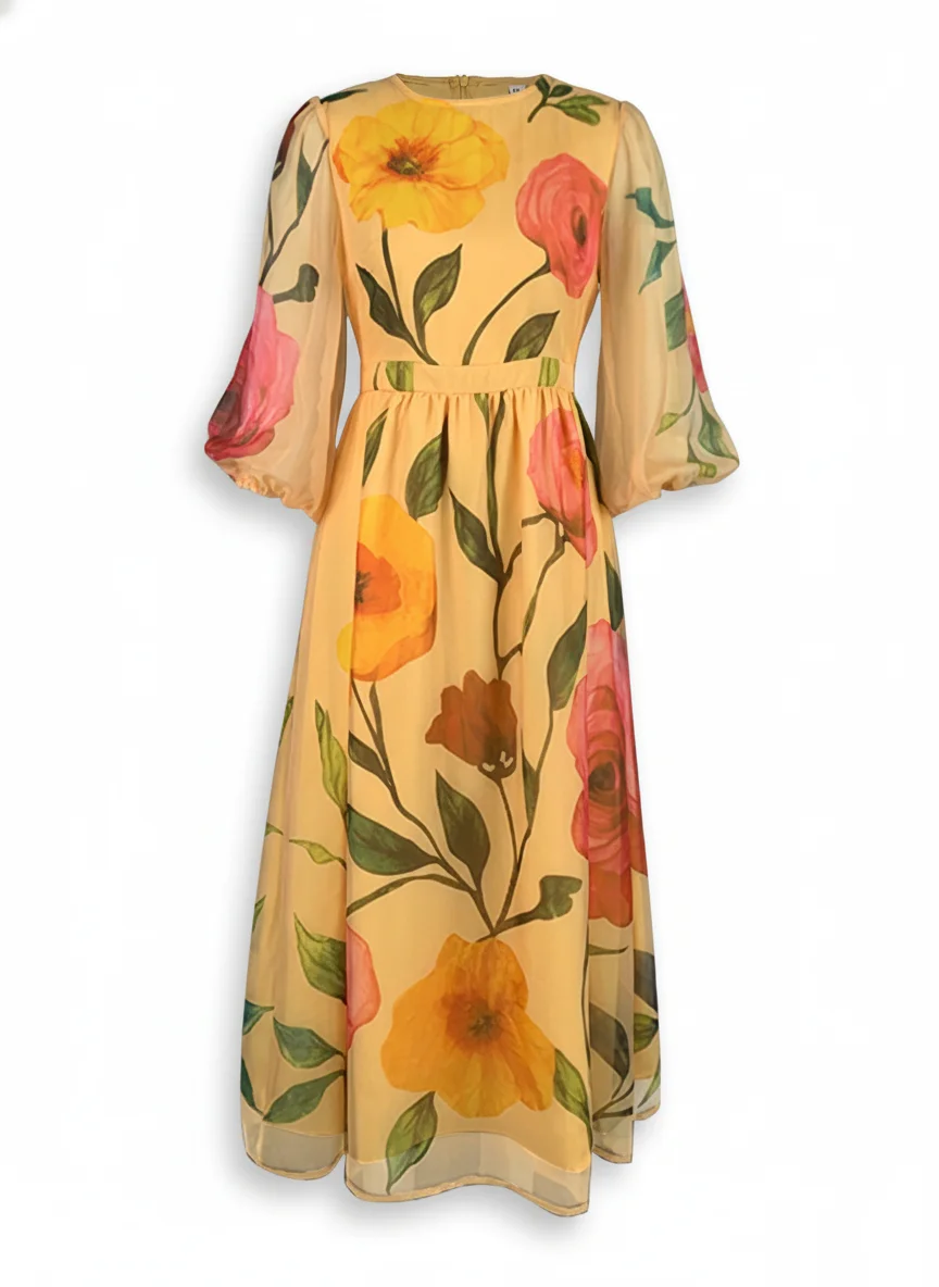 UOOZEE Damen-Midikleid mit Blumenmuster, durchsichtigem Netzstoff, Laternenärmel, Rundhalsausschnitt, elegantes Abendkleid für Hochzeitsgäste und Partys