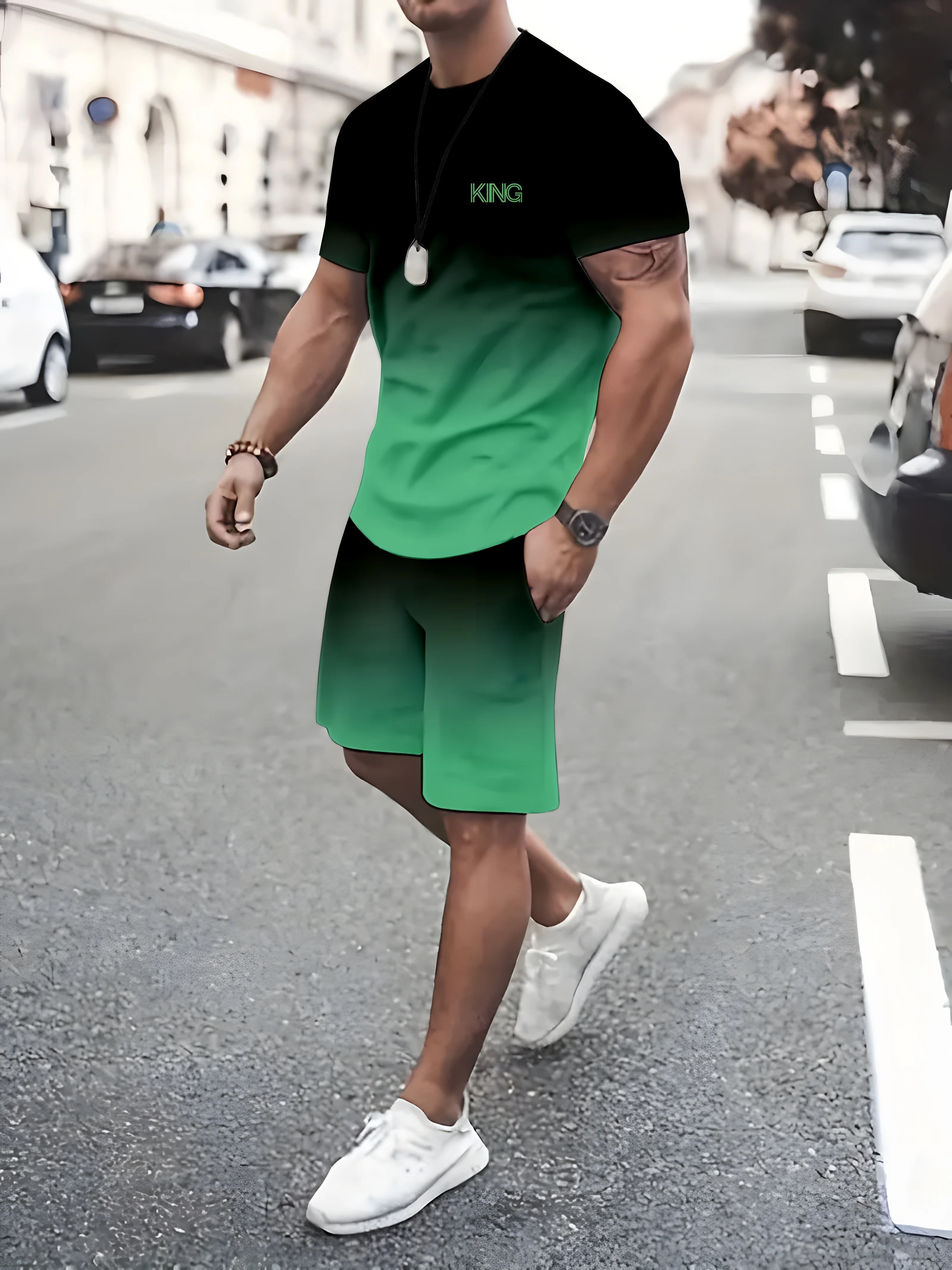 2026 Summer New Contrast T-shirt Shorts Set Oversized Loose Men's Short Sleeve Top Drawstring Side Pocket Shorts 2-piece Set