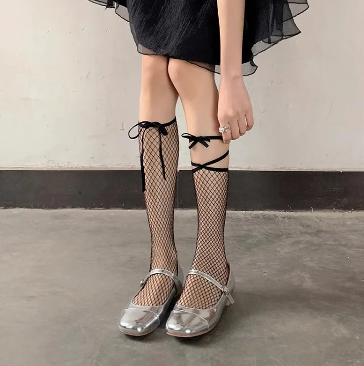 

Women Knee High Fishnet Stockings with Bow Hollow Out Socks Summer Socks for Daily Party Club Stage