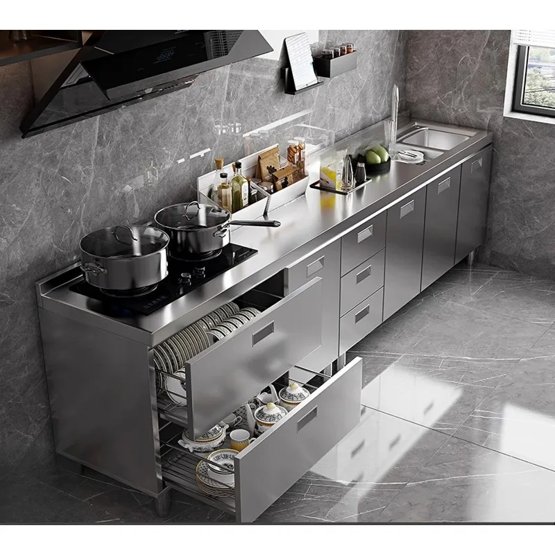 

304 stainless steel kitchen cabinets integrated forming countertop thickened storage cupboard