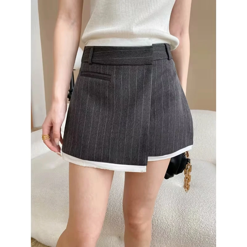 2026 Niche Design Sense Irregular Splicing High Waist Thin Striped Suit Skirt