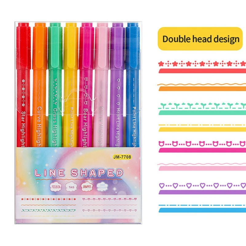 ความงาม Highlighter Set Pulpen,8รูปทรงที่แตกต่างกัน Dual Tip Markers ปากกาสำหรับเด็ก Novelty เครื่องเขียนอุปกรณ์โรงเรียน