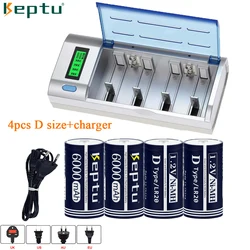 Keptu D size rechargeable battery LR20 1.2V NI-MH type D battery 6000mAh rechargeable D batteries R20 + LCD Smart Charger