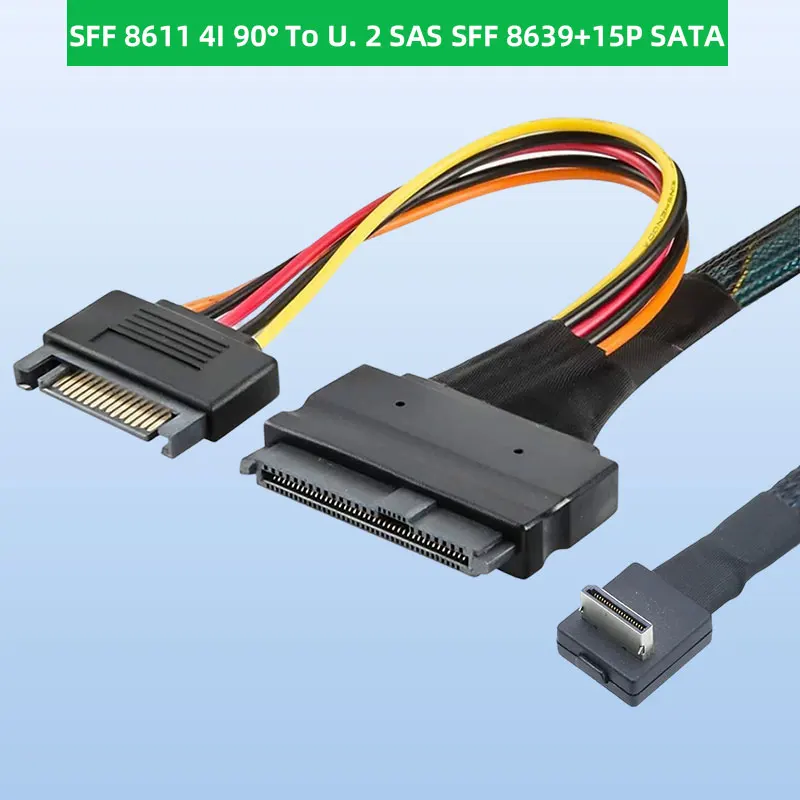 ADT-Link PCI-E Oculink SFF 8611 4I 90 Degree To U. 2 SAS SFF 8639 + 15P SATA Harness Adapter Cable Length Optional 0.5M 1M