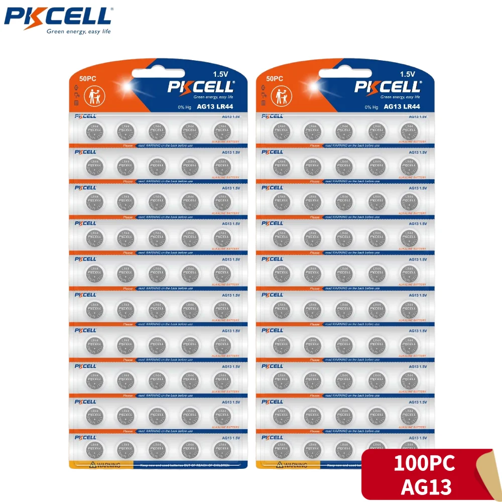 

PKCELL 100PACK AG13 LR44 LR 44B L1154C SR44 Alkaline Battery A76 357 1.5 Volt Batteries Button Cell for Remote Control Led Light