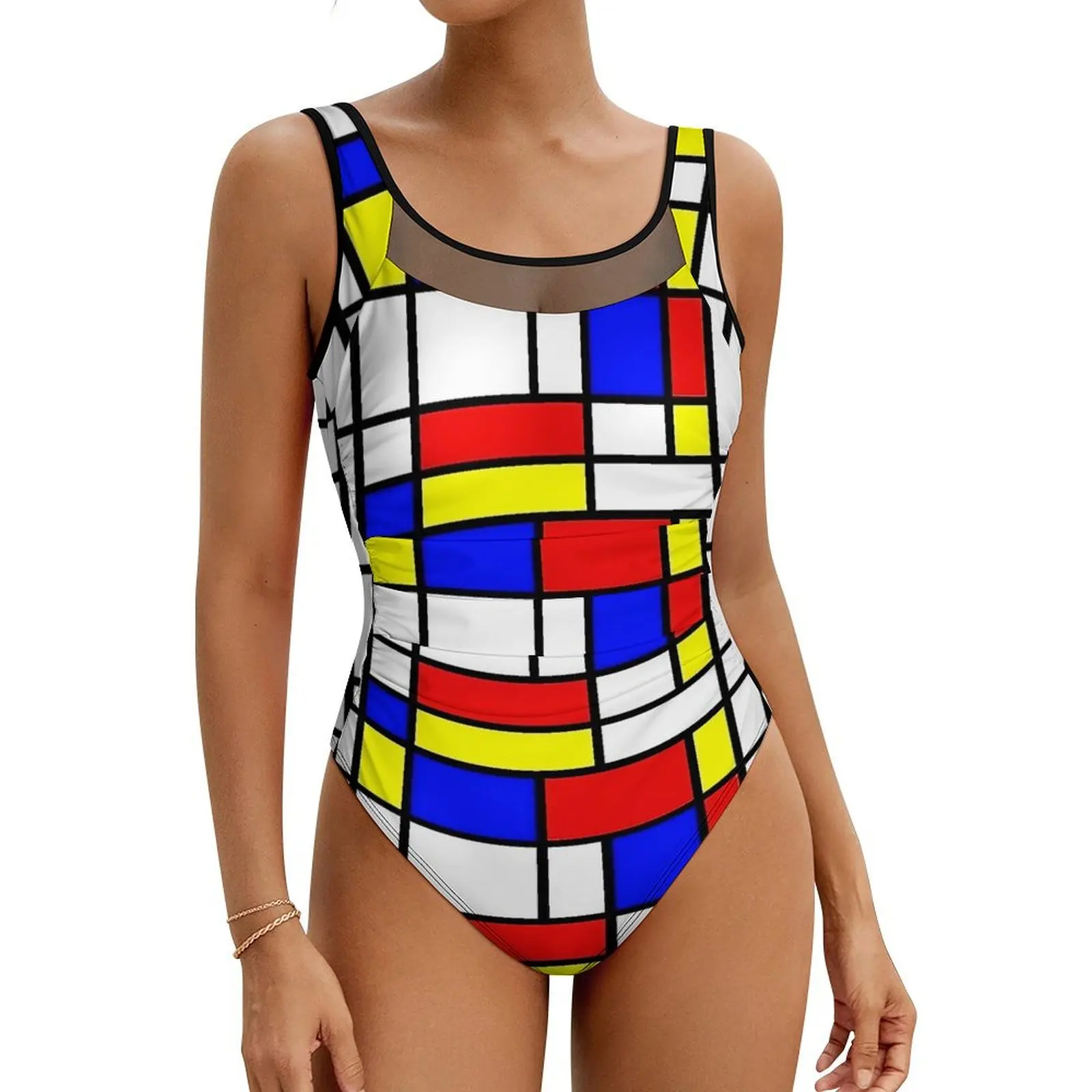 

Retro Mondrian Print Swimsuit Swimwear One Piece Holiday Swim DIY Bodysuit Cut Out Bathing Suits Women Push Up Sexy Beach Wear