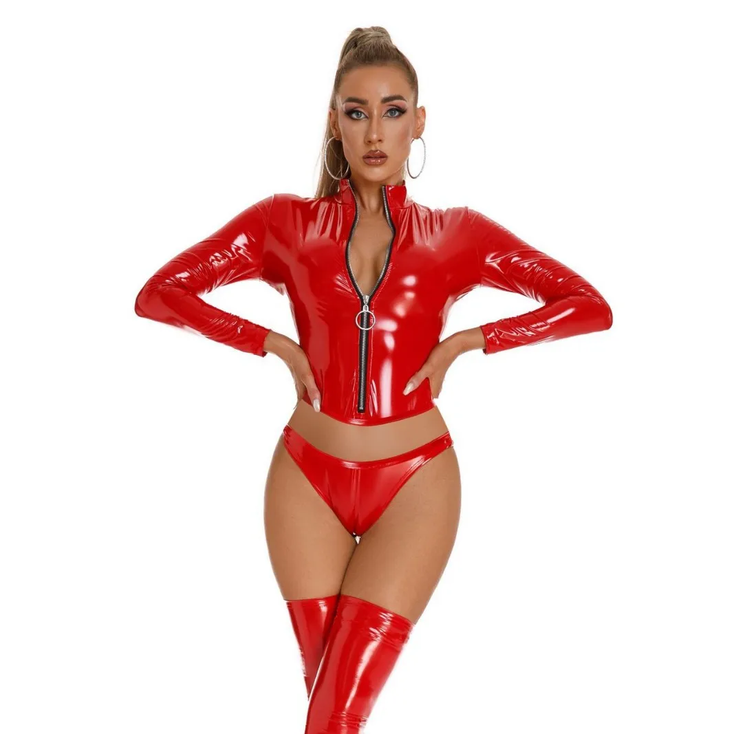 Sexy Shiny PVC Leather Women's Blouse Wet Look Long Sleeve Slim Fit Shirt High Street Lady Black Red Fetish Top with Briefs