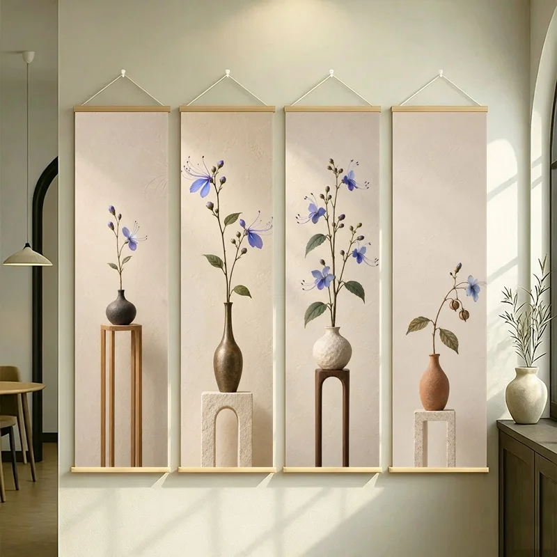 Blue Floral Wall Art 4-Panel Delicate Flower Vase Scroll Set on Cream Silver Shimmer Canvas for Tranquil Bedroom Home Decor