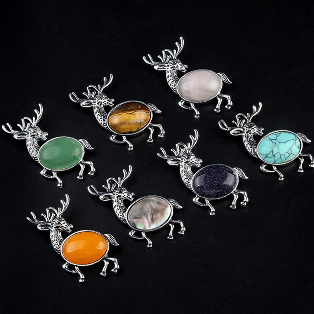 Natural Stone Inlaided Vintage Deer Animal Statue Oval Shape Healing Crystals Amethyst Quartz Shell Home Decor Hanging Ornament
