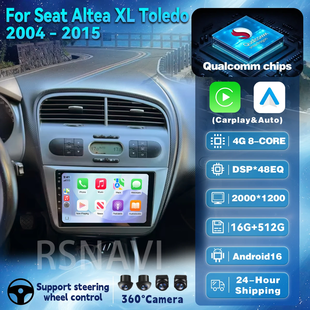 Plug and Play ndroid 15 Carplay Auto Qualcomm 2K QLED Screen Car Radio Player For Seat Altea 2004 - 2015 GPS Stereo napdragon