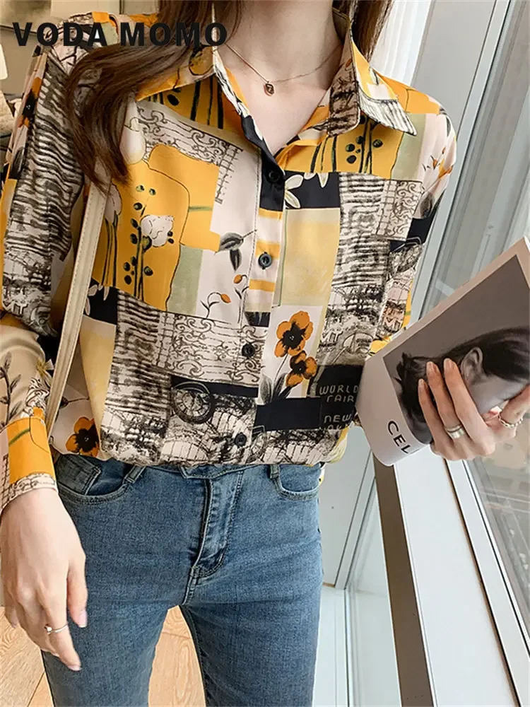 

Printed Elegant Leisure Vintage Korean Loose Sleeve Shirt Chiffon Top Shirt Women Spring New Design Aestheticism Style of Art