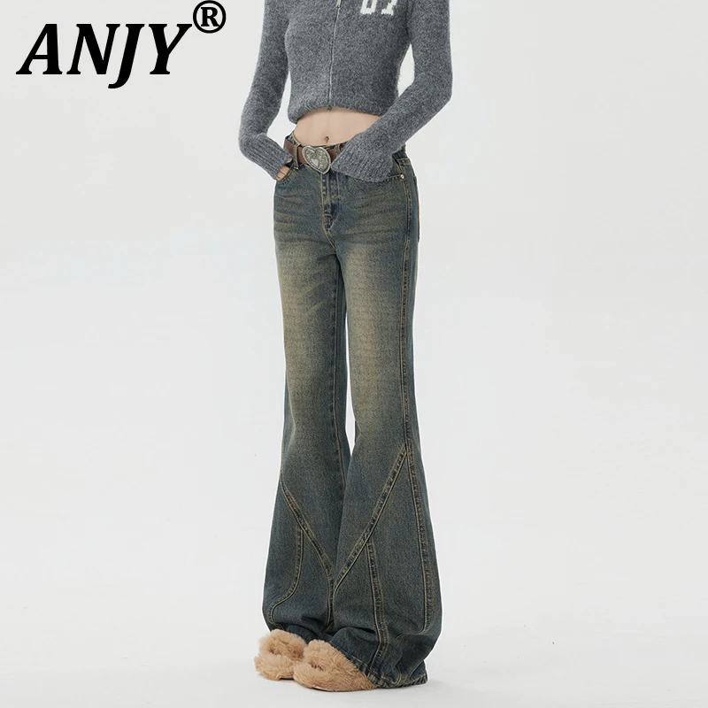 

ANJY Autumn Winter New Women Fashion Straight Flared Jeans Ins High Street Vintage Striped Slimming Versatile Denim Pants A11686