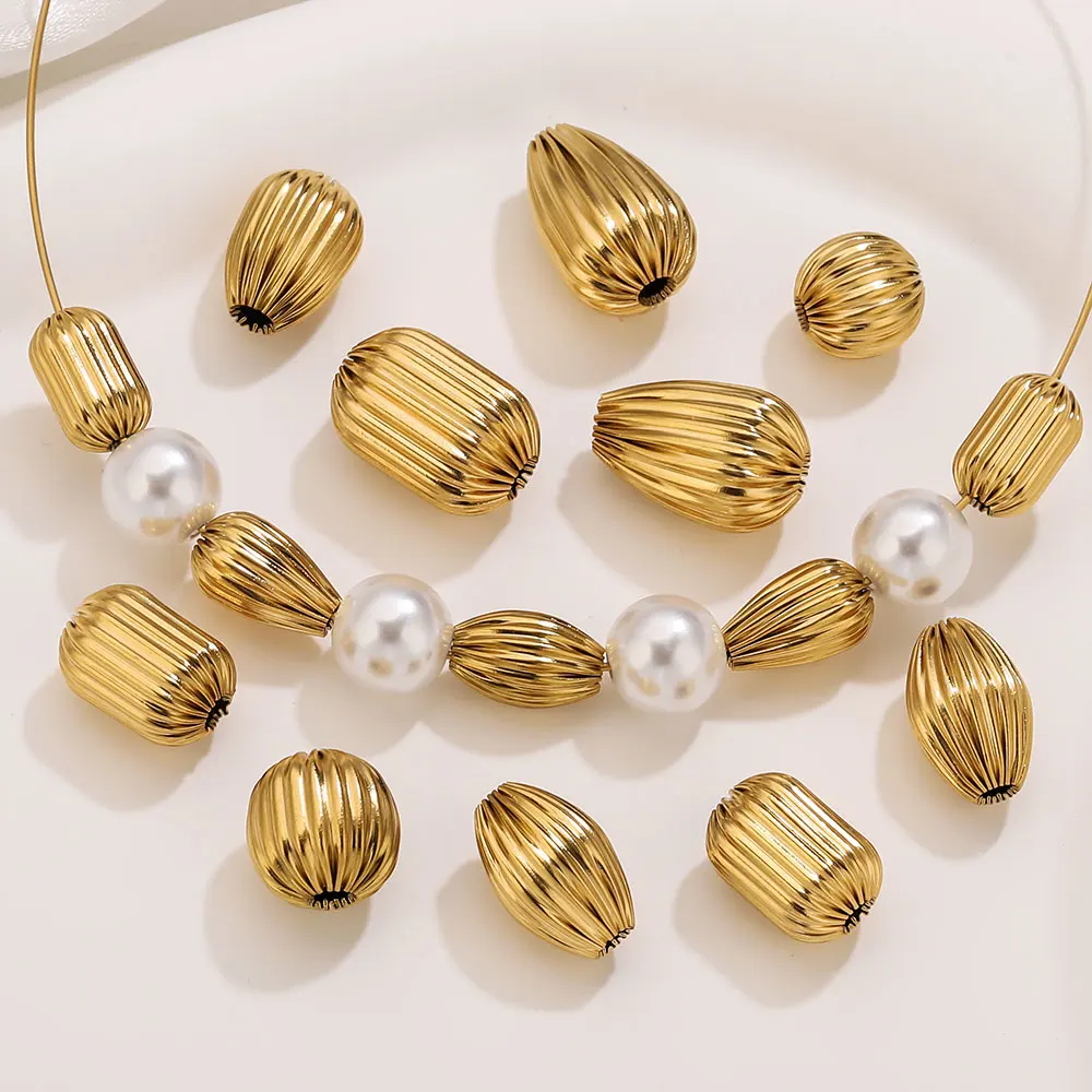 5PCS Stainless Steel Beads Gold Plated Corrugated Round Spacer Beads DIY Jewelry Components for Women's Bracelet Necklace Making