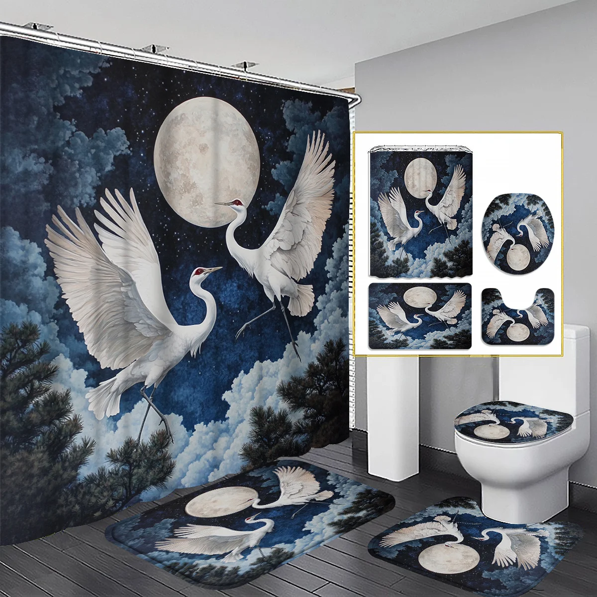 

4pcs Chinese Style Moonlight Cloud Shadow Agile Crane Pattern Shower Curtain Set Bathroom Curtain, Bathroom Decorative Showe