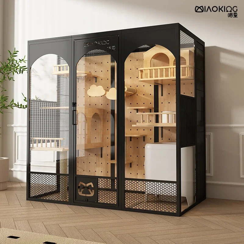 Meow Emperor panoramic glass luxury solid wood cat villa can be customized automatic cat litter box large space cat cage