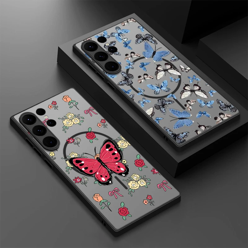 Schmetterling Blume magnetische Handyhülle für Samsung Galaxy S25 Edge S24 S23 S22 Ultra S24 Plus S24 S23 S21 S20 FE TPU PC Back Cover