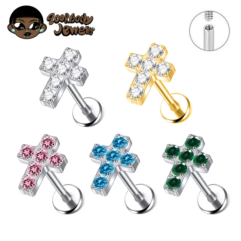 ASTM F136 Titanium Piercing16g 18g Labret  Internally Threaded Prong Set Zircon Cross Earring Cartilage Tragus Body Jewelry