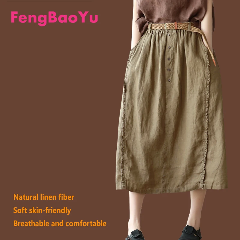 

Fengbaoyu Высококачественное льняное женское полуплатье с деревянными ушками — элегантный повседневный стиль в стиле ретро, дышащий и впитывающий пот