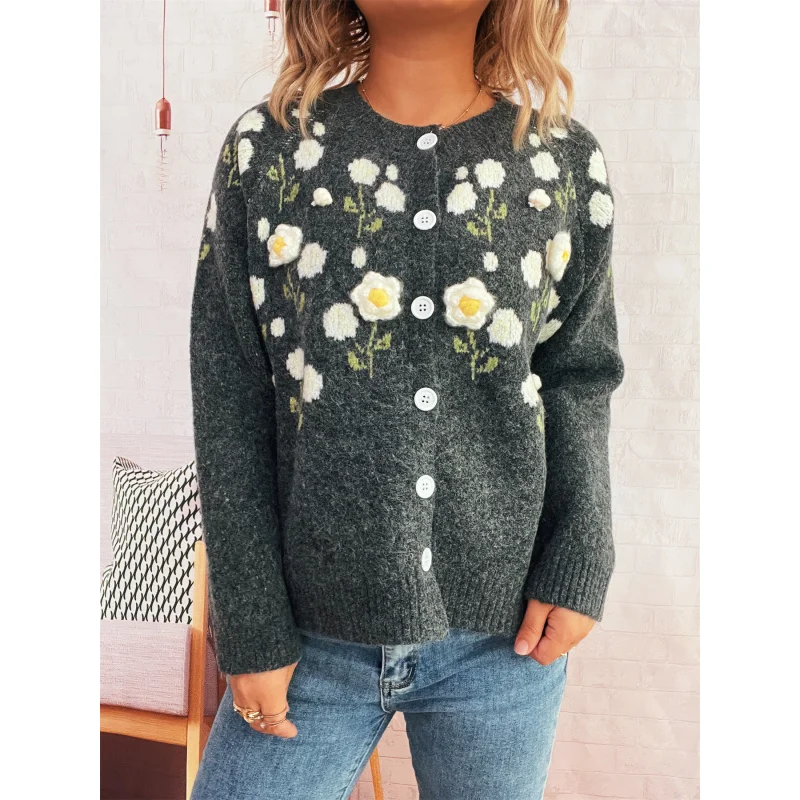 かわいい花の刺繍立体装飾ラウンドネック長袖シングルブレストセーターカーディガン