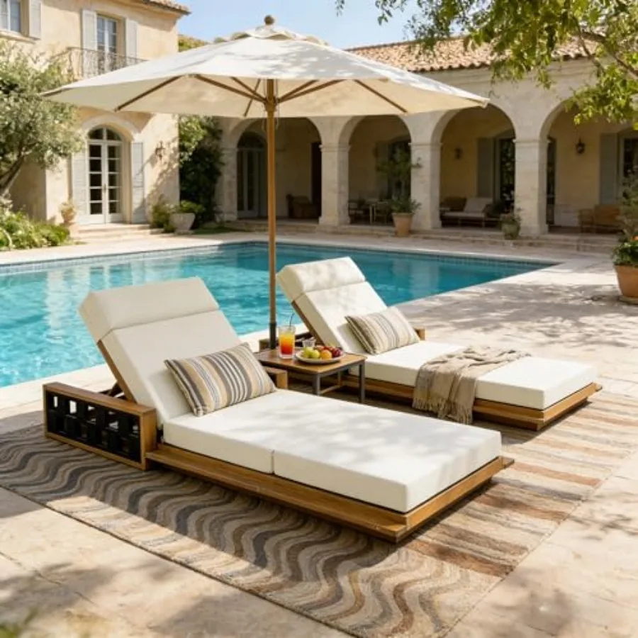 

Acacia Wood Patio Chaise Lounge Set of 2, Outdoor Reclining Chairs with 4-Position Adjustable Backrest, -Piece Sunbathing Recli