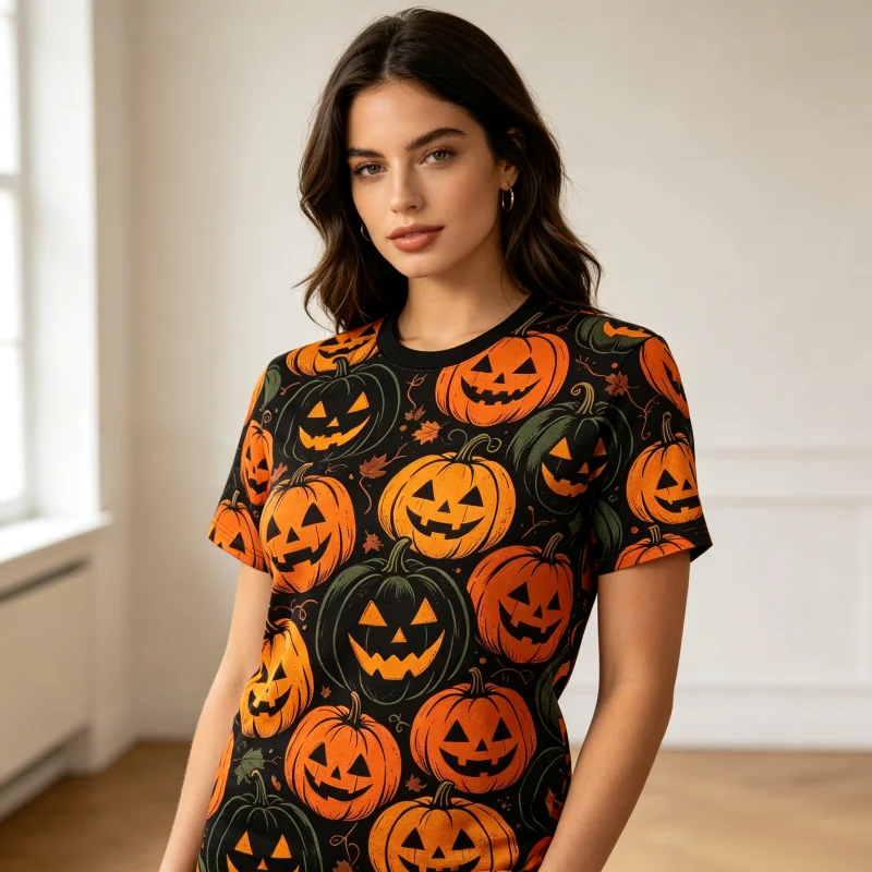 2026 Women's Halloween Themed Print T-Shirt Dark Gothic Castle Pumpkin Bat Loose Round Neck Short Sleeve Top