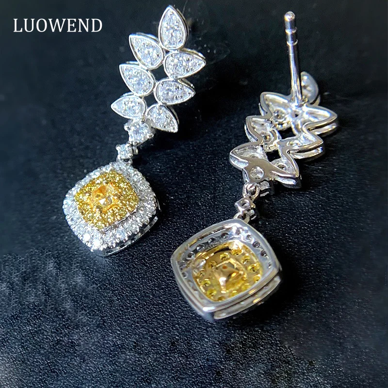 

UOWEND 18K White Gold Earrings Women Stud Earrings Real Natural Yellow Diamond Pendant Design Luxury Party Fine Jewelry