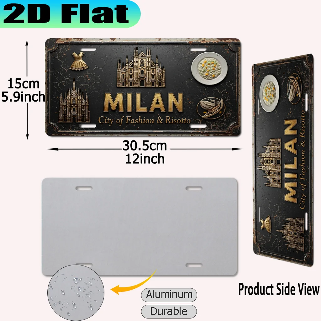 2D Flat - 【2D Flat】 2D Flat - [2D Flat] A Vintage Aluminum Sign (30.48X15.24 cm) Representing Milan, The City of Fashion And Ris
