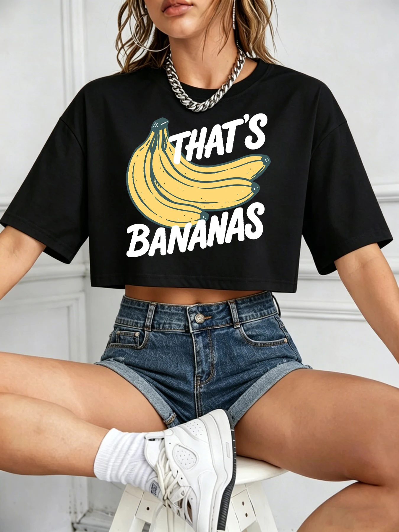 That'S Bananas Fruit Printed Women Crop T-Shirt Hip Hop Loose Tee Shirt Sport Breathable Clothing Cotton Summer T Shirts