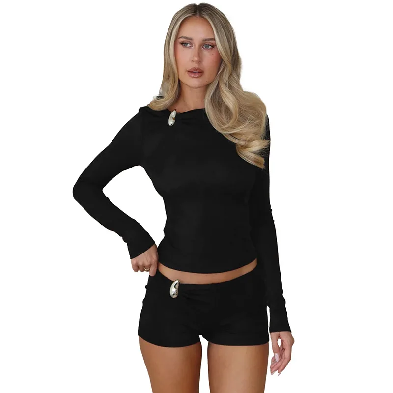 Zestaw spódnicy z okrągłym dekoltem, rękawami trzy czwarte, poliestrowy, casualowy strój damski, seksowny top z długim rękawem i metalową klamrą oraz...