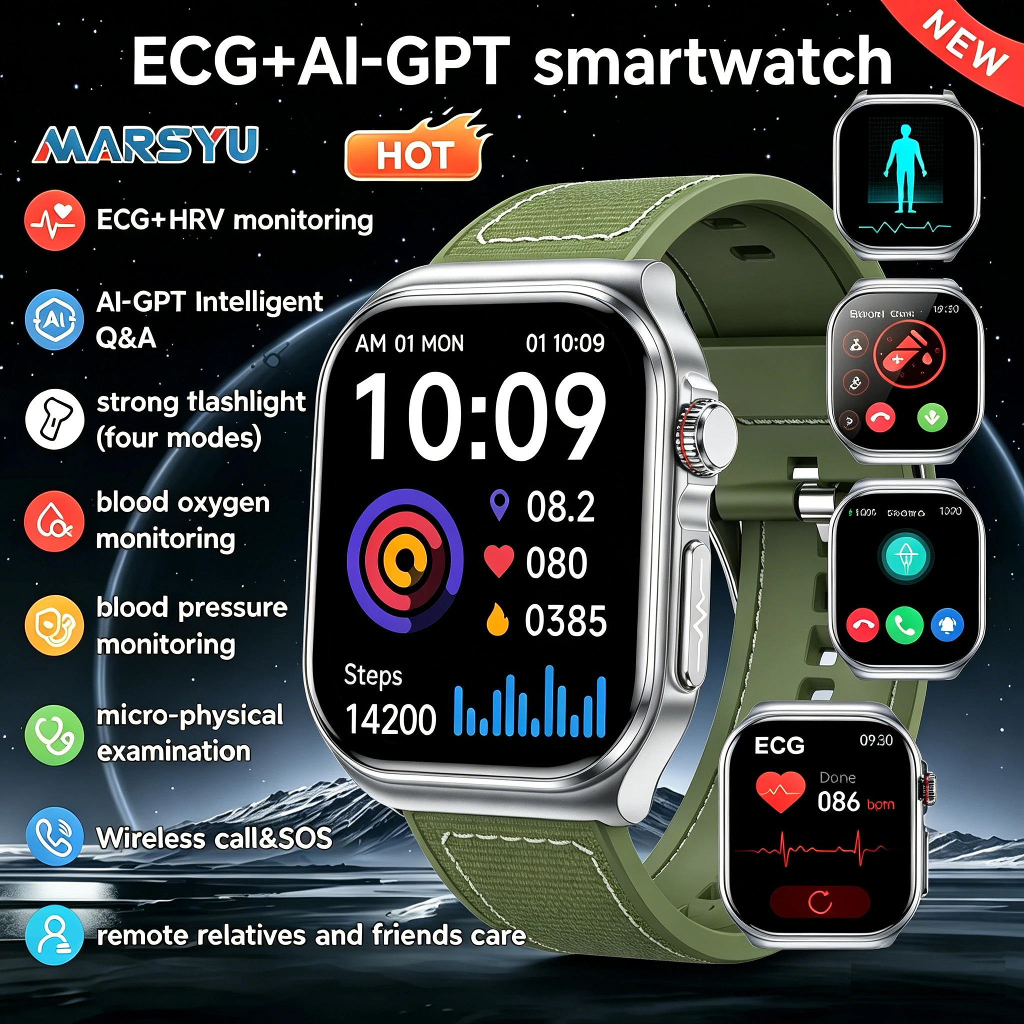 Marsyu AMOLED Smartwatch für Männer EKG-Blutkompositions-Monitor Gesundheitsüberwachung Bluetooth-Anrufe Frauen Sport Fitness