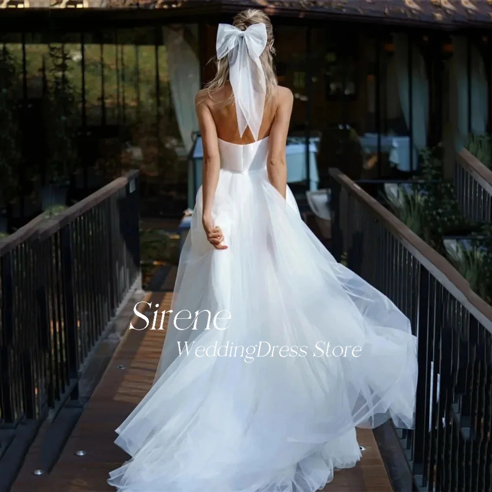 Sirene Elegante Off Shoulder Strapless Tule Trouwjurk A-Lijn Mouwloos Liefje Rugloze Vlek Prom Jurken Robe De Mariée