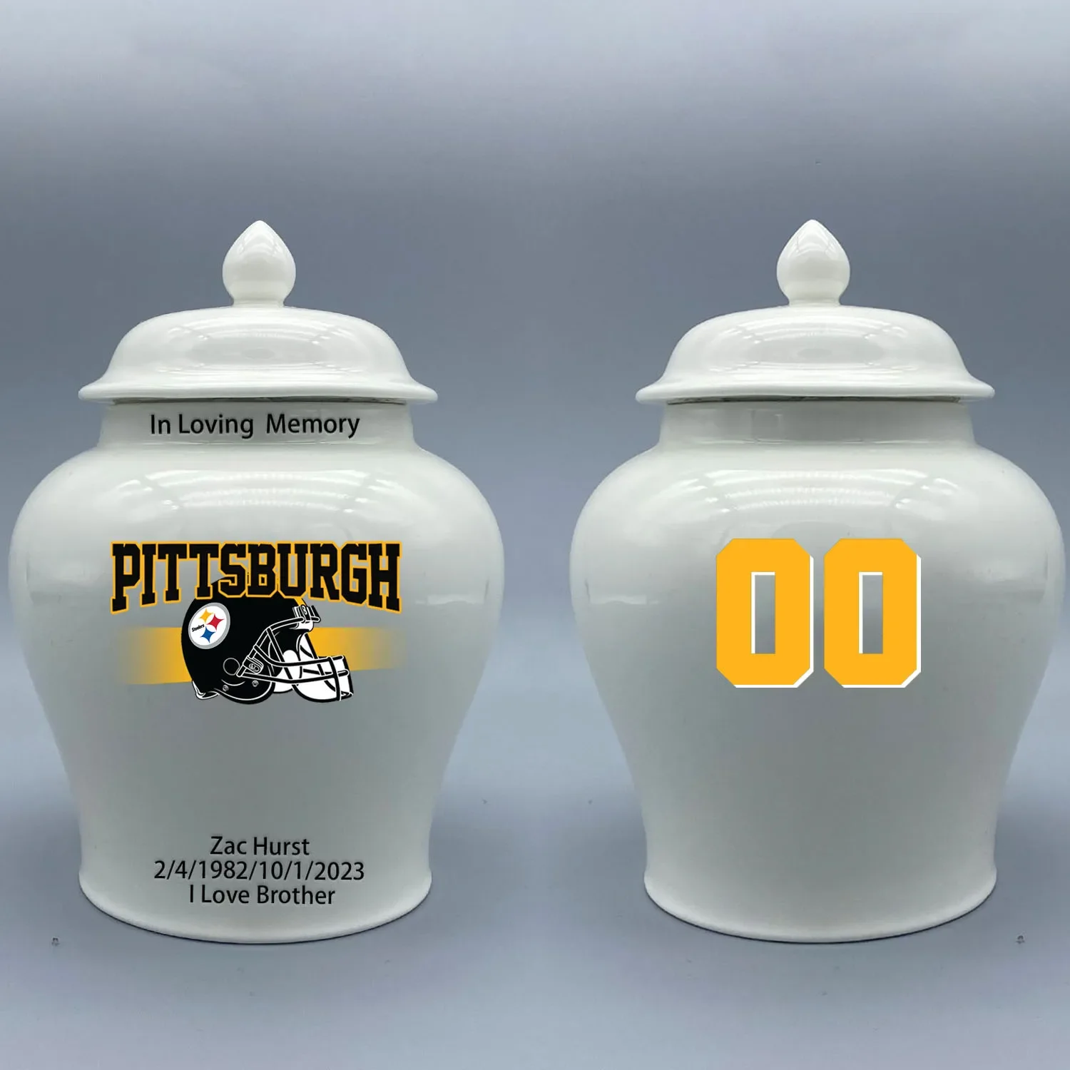 Medium Urn for Pittsburgh Steelers-themed Logo Urn.Please send me the customize information-name/date and number on the urn