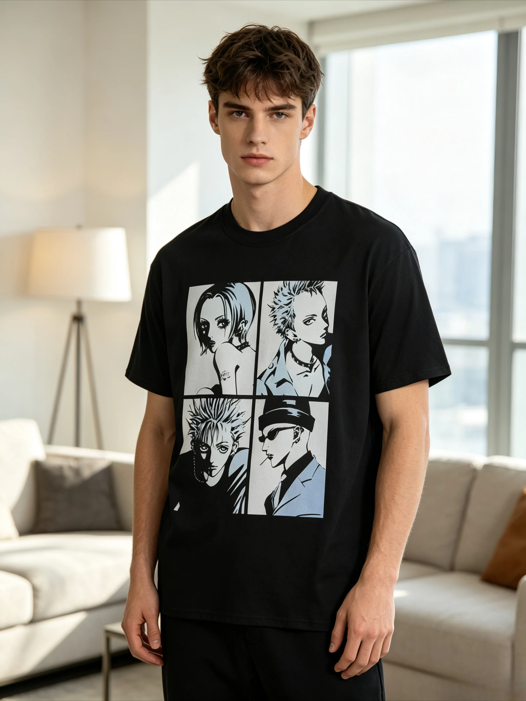 Manga Grid T Shirt Men Women Short Sleeve 4-Panel Anime Character Portrait Crew Neck Cotton Japanese Otaku Casual Tee
