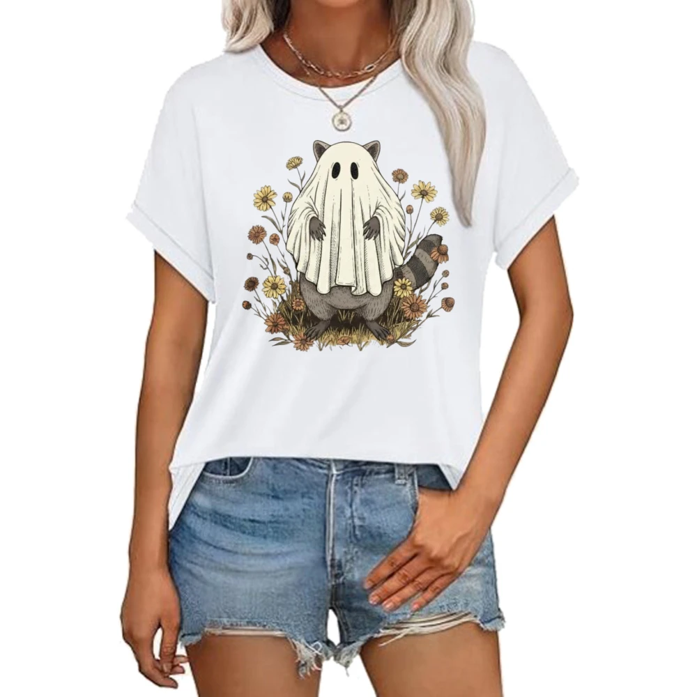 Halloween Cartoon Waschbär-Geist-Blumen-T-Shirt Kurzarm Rundhals Baumwolle Herren Damen T-Shirt Harajuku Lässige Mode-Tops