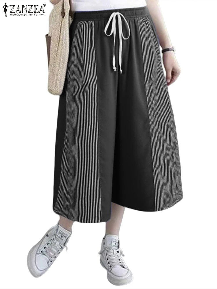 Striped Capris Women Casual Loose Pants Elastic Waist Trousers Fashion Color Patchwork Lace-Up Wide Leg Pants ZANZEA 2025